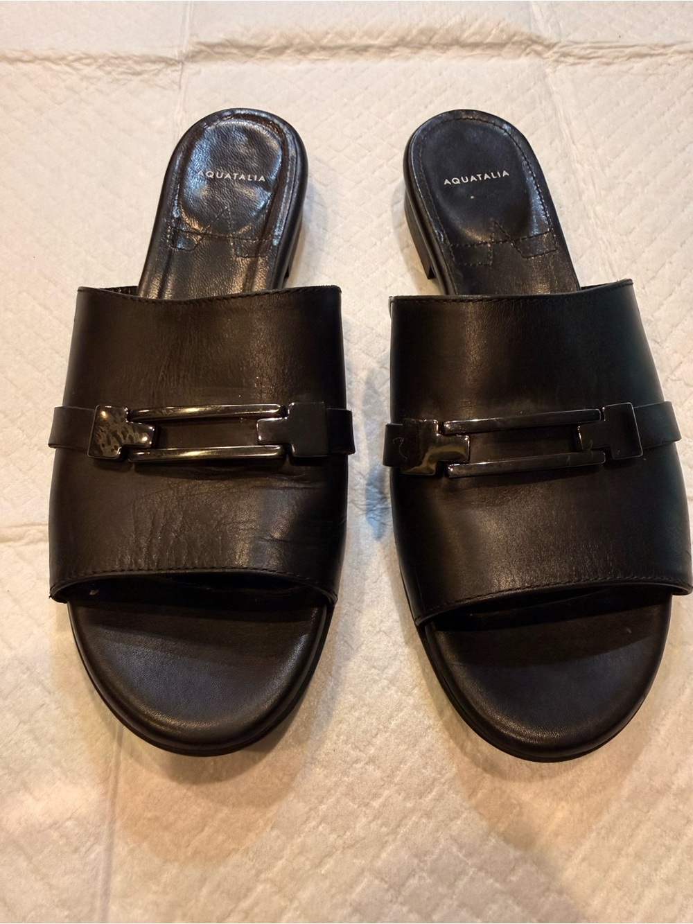 Aquatalia Black Leather Slide Mules with Metal Accent size 7